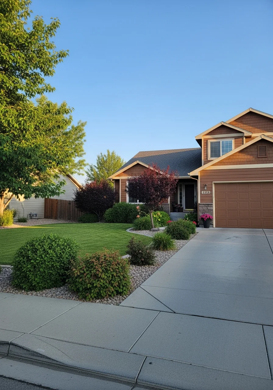 Close-up of a well-maintained home exterior in an Idaho Falls neighborhood with landscaping and clear siding.