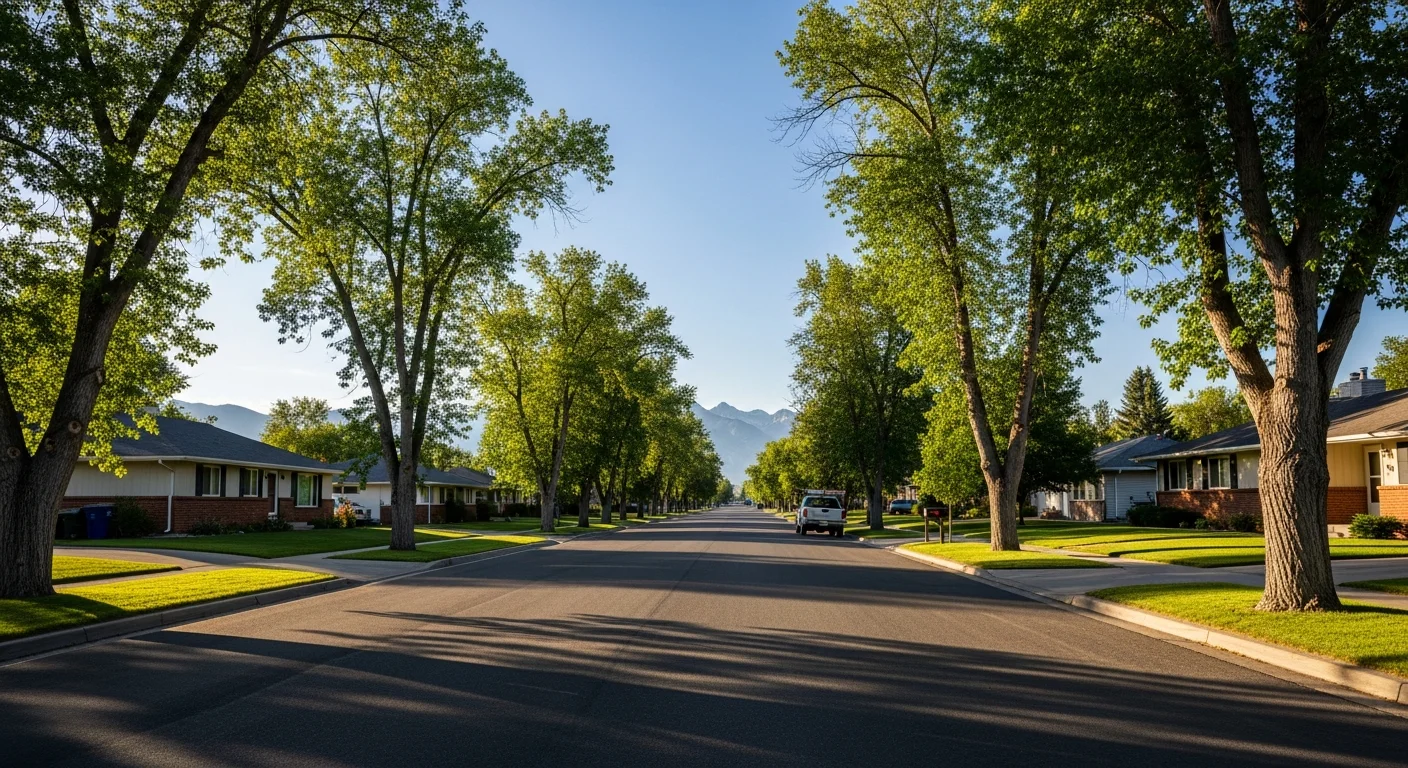 Wide view of a residential street in Idaho Falls with mature trees, single-family homes, and clear blue sky over the Snake River valley.