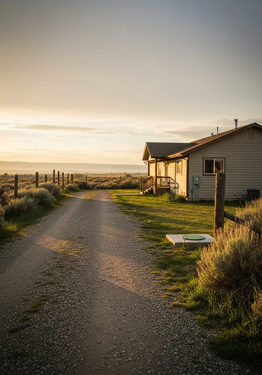 Portrait of a Rigby home exterior with rural setting and well-maintained grounds.