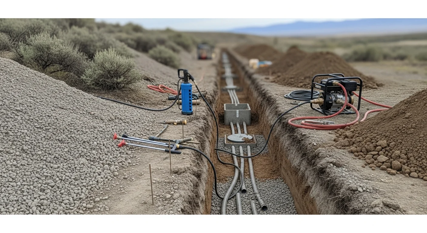 A repaired residential drain field in Idaho Falls, Idaho, with freshly graded soil and restored ground cover over the leach lines. A septic service technician stands near the access point following a drain field inspection on a Bonneville County property.