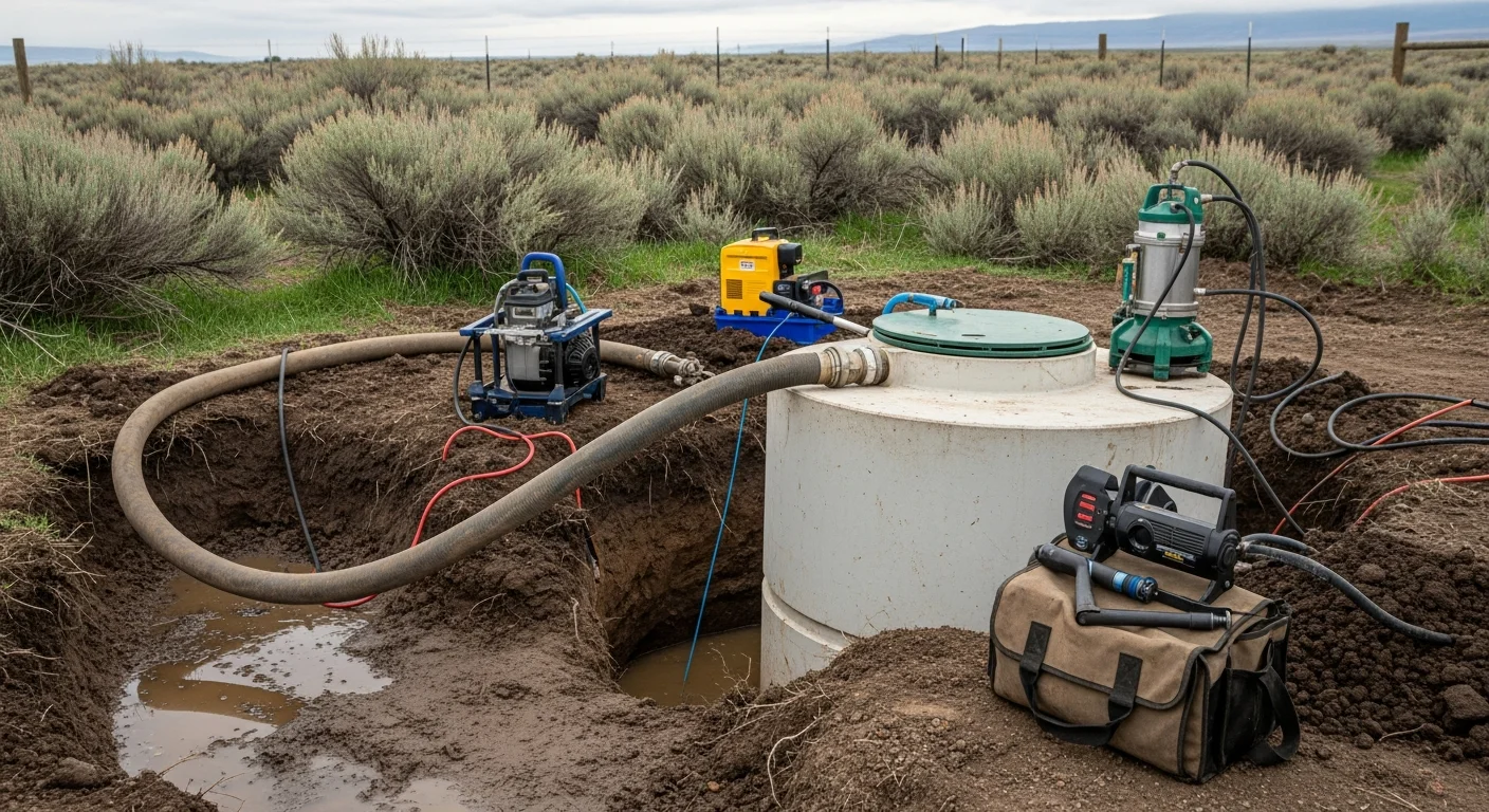An Open Range Septic Service LLC technician inspecting an exposed septic tank lid at a residential property in Idaho Falls, Idaho. The surrounding yard shows no surface sewage after emergency pumping and baffle repair.