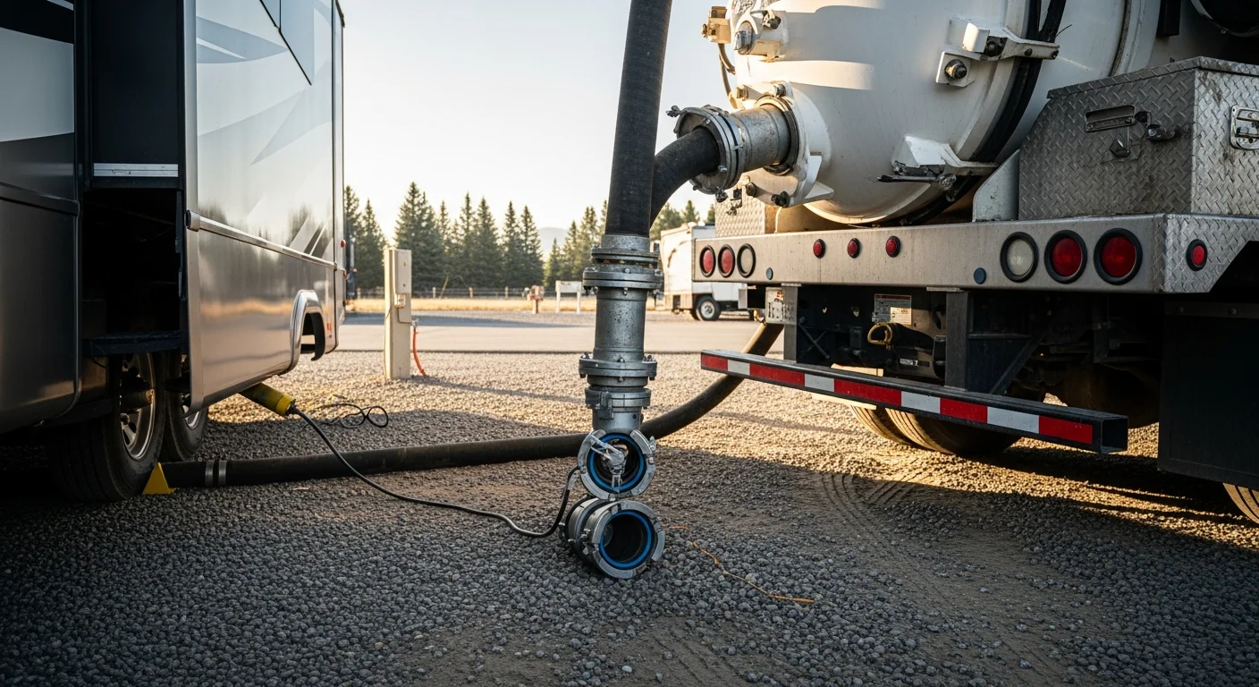 Open Range Septic Service LLC pump truck connected to an RV black tank waste outlet at a campsite in Idaho Falls. Technician in work gear manages the hose during a black and gray water pump out.
