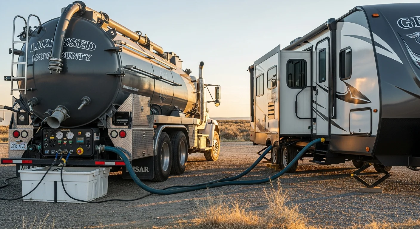 A licensed vacuum truck from Open Range Septic Service LLC connected to an RV grey tank at a private property in Idaho Falls, Idaho. The technician manages the pump-out hose at the RV waste outlet during a routine grey water removal service.