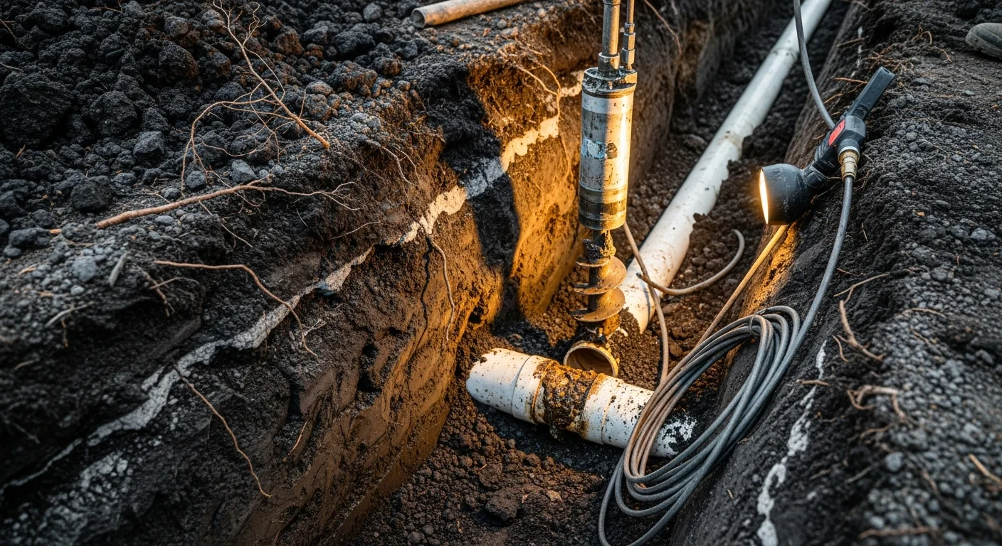 A septic service technician from Open Range Septic Service LLC using a mechanical auger to clear a blocked septic line at a residential property in Idaho Falls, Idaho. The access cleanout is open at ground level with the technician feeding the line into the pipe.