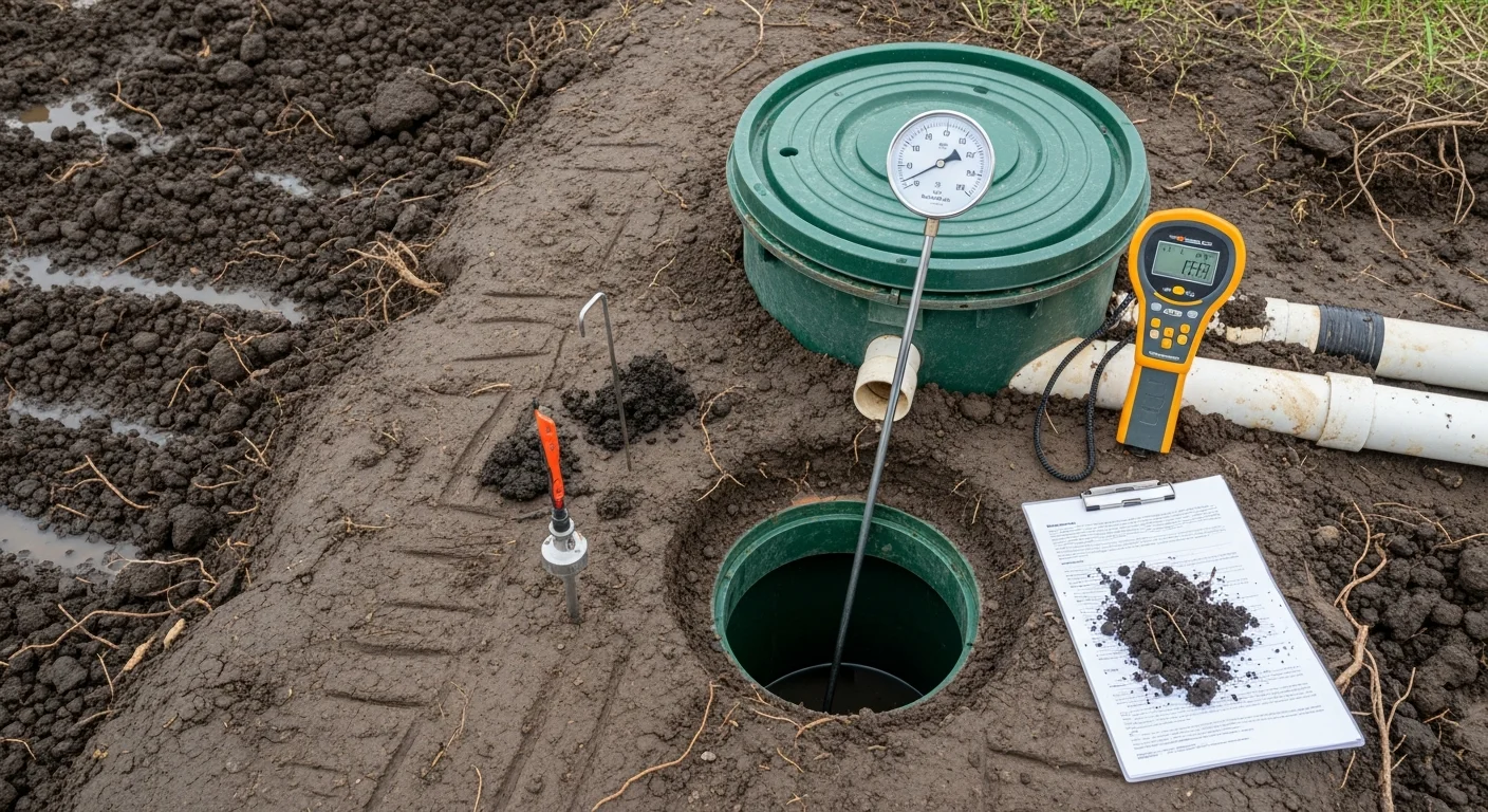 A septic system technician from Open Range Septic Service LLC inspecting an open septic tank access port on a residential property in Idaho Falls, Idaho. The surrounding yard shows dry volcanic soil typical of the region with a drain field area visible in the background.