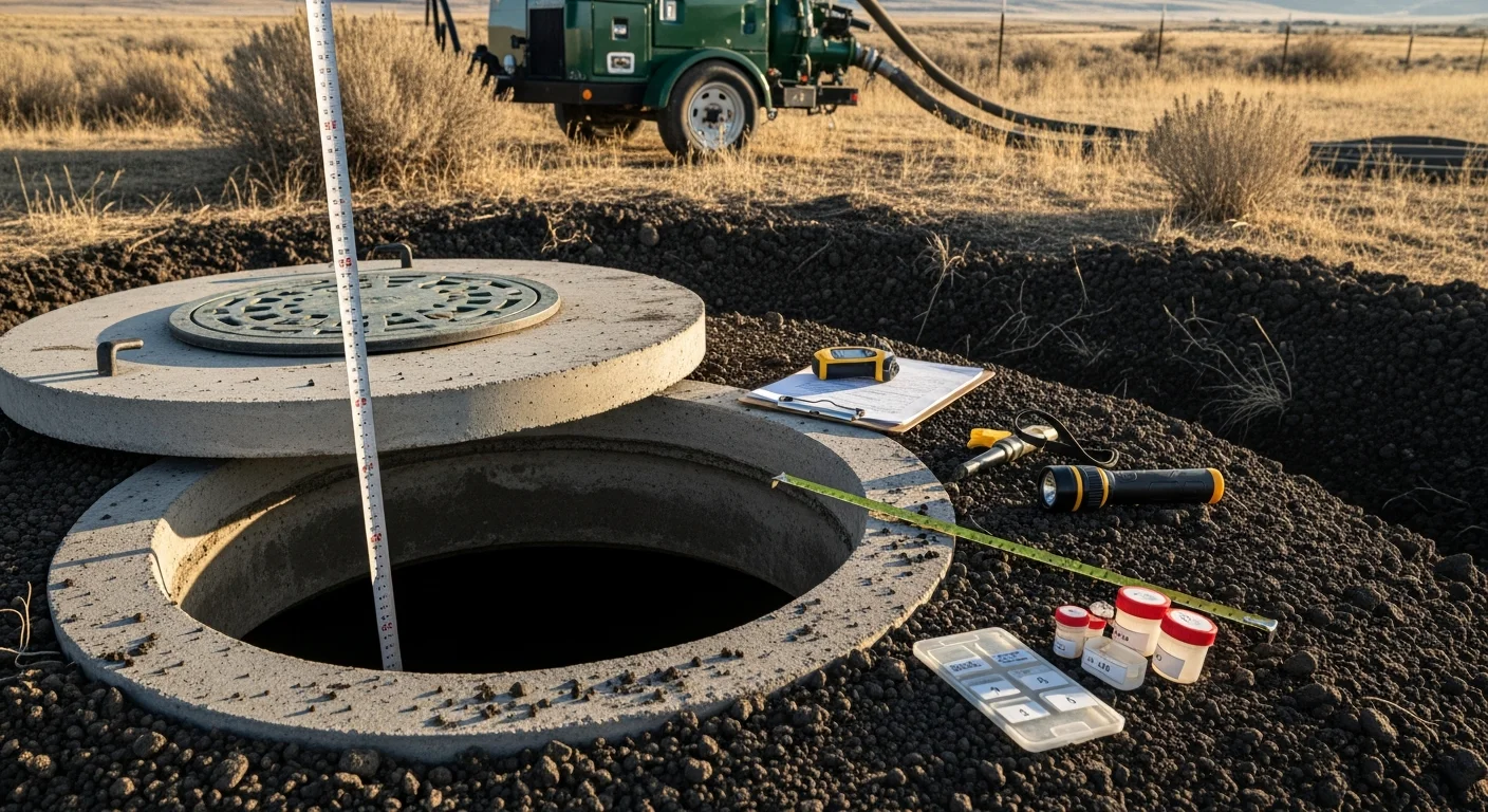 A certified septic tank inspector from Open Range Septic Service LLC lifts a concrete tank lid on a residential property in Idaho Falls, Idaho. The inspector examines the inlet baffle and liquid levels inside the tank during a certified inspection.