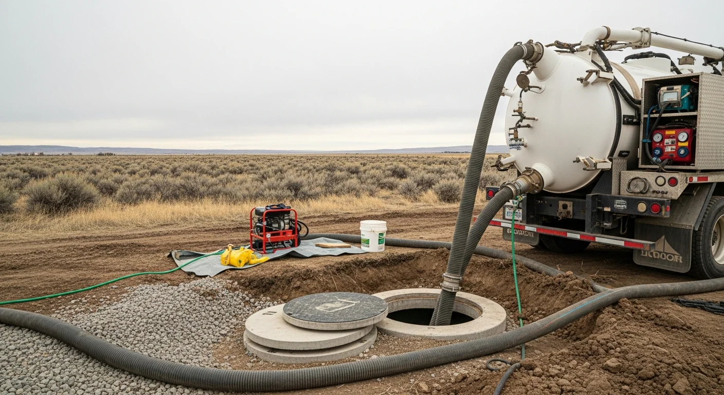 A septic service technician operating a vacuum truck hose at a residential tank access point on a rural Idaho Falls property. The surrounding yard shows flat Snake River Plain terrain with a single-family home in the background.