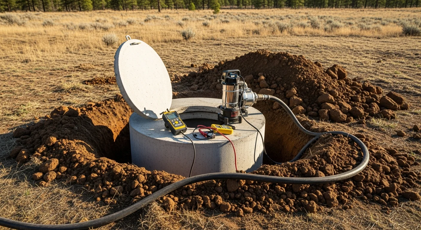 A septic tank access riser and lid exposed at ground level on a residential property in Idaho Falls, Idaho, with a technician inspecting the inlet baffle during a repair service call. Volcanic soil and a dry Eastern Idaho landscape are visible in the background.