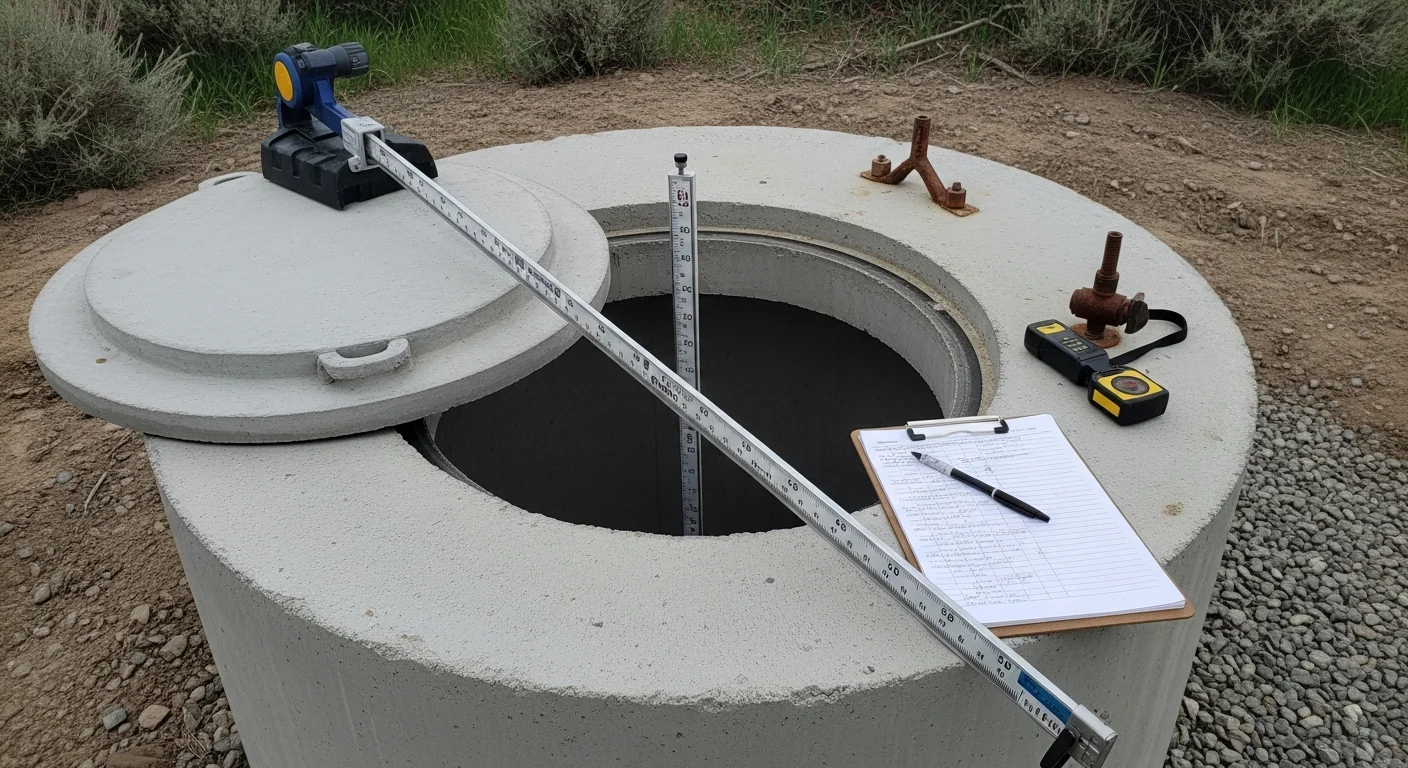 A septic service technician lowering a sludge measuring tool into an open residential septic tank access port on a property in Idaho Falls, Idaho. The image shows the tank lid removed and the technician recording sludge depth readings in a yard setting.